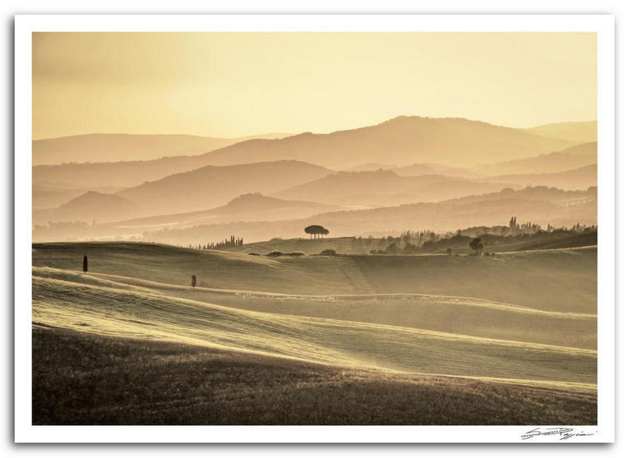 Paesaggio collinare toscano al tramonto con sfumature dorate