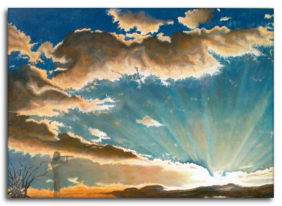 Quadro ad olio: Al di là di ogni dove. Silvano Poggiani Dipinto a olio figurativo di Silvano Poggiani raffigurante un cielo all'alba con nuvole dorate, raggi solari e una figura che osserva con cannocchiale.