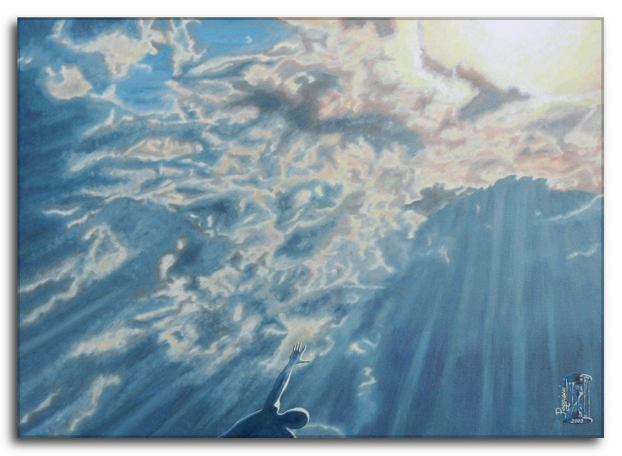 Dipinto a olio figurativo di Silvano Poggiani con titolo: Richiesta di aiuto. Dipinto a olio figurativo di Silvano Poggiani raffigurante una figura umana in silhouette con braccio alzato verso il cielo, sotto drammatiche nuvole attraversate da raggi di luce blu