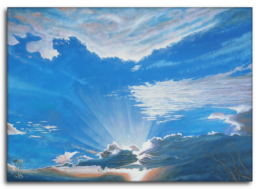 Dipinto a olio figurativo di Silvano Poggiani con titolo: Una voce risuona nel silenzio. Una voce risuona nel silenzio. Dipinto a olio figurativo di Silvano Poggiani raffigurante un cielo con nuvole e raggi di sole.