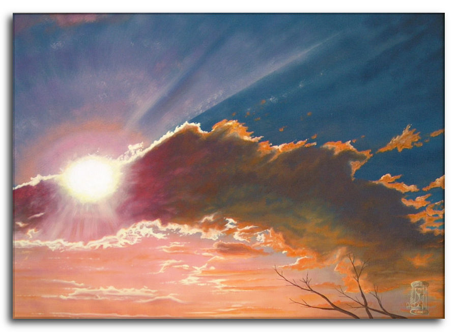 Dipinto a olio figurativo di Silvano Poggiani con titolo: Tranquilla Audacia. Titolo Tranquilla Audacia. Dipinto a olio figurativo di Silvano Poggiani raffigurante un tramonto con il sole parzialmente coperto da una grande nuvola scura, con raggi di luce che si diffondono nel cielo e rami di un albero in primo piano