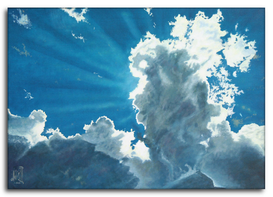 Dipinto a olio figurativo di Silvano Poggiani con titolo: Sottratto alla vista. Titolo Sottratto alla vista. Dipinto a olio figurativo di Silvano Poggiani raffigurante un cielo con nuvole bianche e raggi di sole che filtrano attraverso di esse.