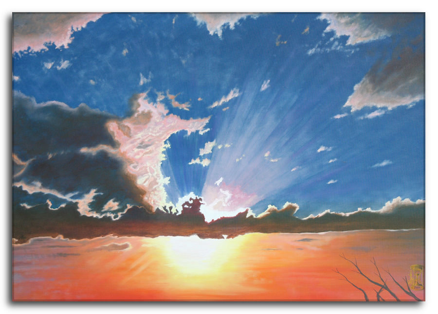 Dipinto a olio figurativo di Silvano Poggiani con titolo: Uno sguardo tra noi. Dipinto a olio figurativo di Silvano Poggiani raffigurante un tramonto con raggi di sole che filtrano attraverso le nuvole