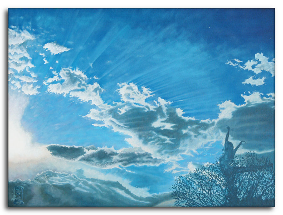 Dipinto a olio figurativo di Silvano Poggiani con titolo: Un abbraccio al cielo. Titolo: Un abbraccio al cielo. Dipinto a olio figurativo di Silvano Poggiani raffigurante un cielo blu con nuvole e raggi di sole, figura umana stilizzata su un albero.