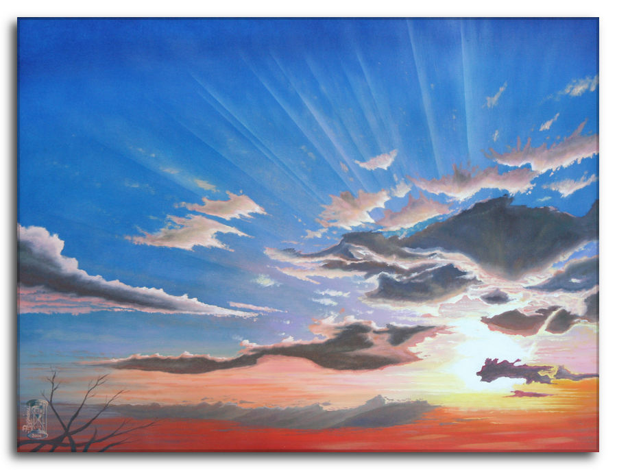 Dipinto a olio figurativo di Silvano Poggiani con titolo: Generoso Impulso. Generoso impulso. Dipinto a olio figurativo di Silvano Poggiani raffigurante un cielo al tramonto con raggi di sole che filtrano attraverso le nuvole.