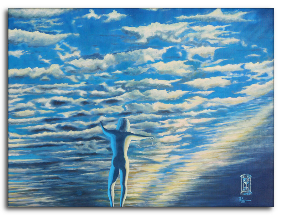 Dipinto a olio figurativo di Silvano Poggiani con titolo: Esuberante Sinfonia. Esuberante Sinfonia. Dipinto a olio figurativo di Silvano Poggiani raffigurante una figura umana di spalle che si dirige verso un cielo nuvoloso, con una clessidra e una firma in basso a destra.