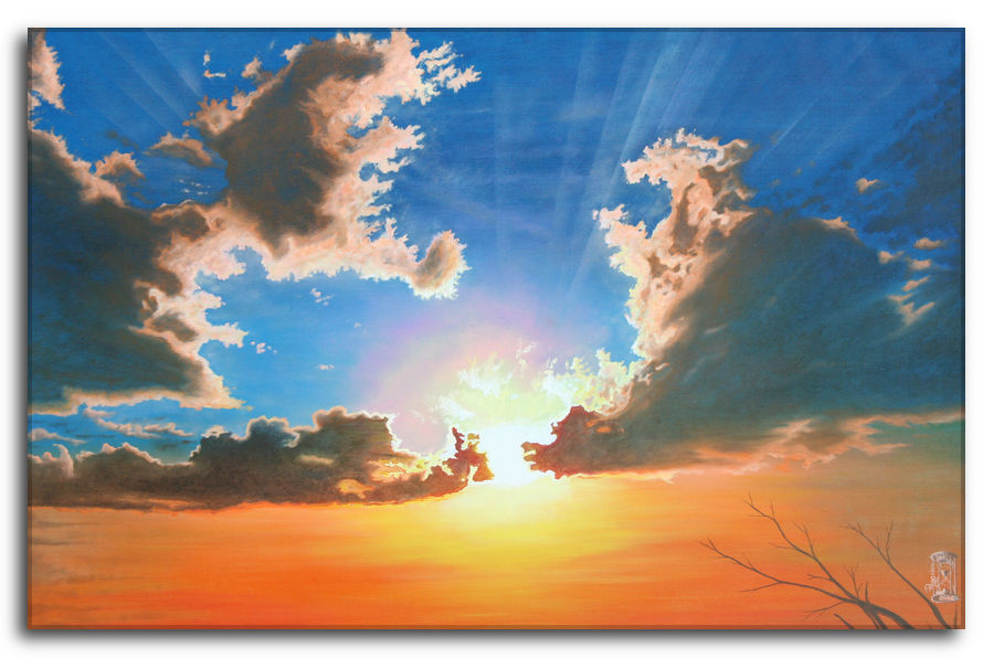 Dipinto a olio figurativo di Silvano Poggiani con titolo: Una spinta al cuore. Una spinta al cuore. Dipinto a olio figurativo di Silvano Poggiani raffigurante un vivace di un tramonto con nuvole drammatiche e raggi di sole che filtrano. Il cielo passa da un blu intenso nella parte superiore a tonalità calde di arancione vicino all'orizzonte, con un ramo spoglio visibile nell'angolo in basso a destra