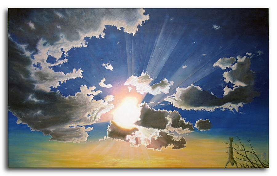 Dipinto a olio figurativo di Silvano Poggiani con titolo: Oltre se stessi. Pensieri di vita. Dipinto a olio figurativo di Silvano Poggiani raffigurante un cielo con nuvole e raggi di sole che filtrano attraverso di esse.