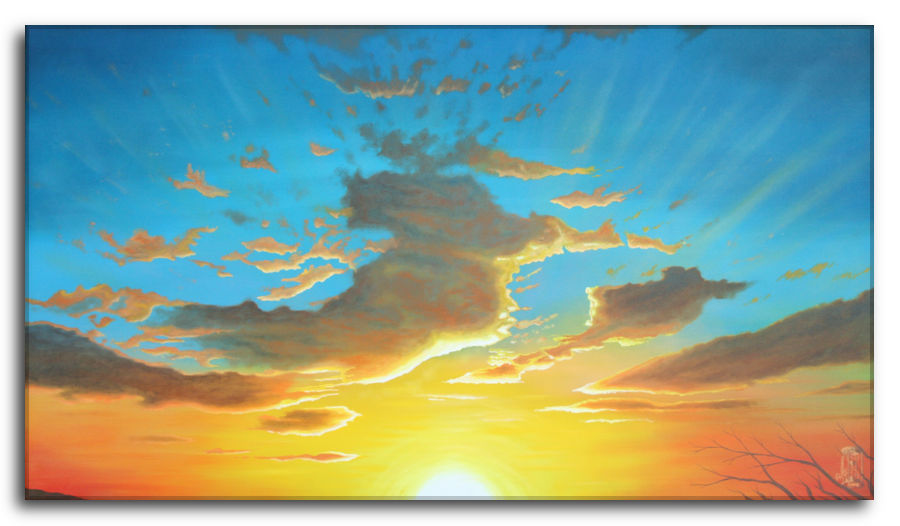 Dipinto a olio figurativo di Silvano Poggiani con titolo: Caldo respiro. Caldo respiro. Dipinto a olio figurativo di Silvano Poggiani raffigurante un tramonto con cieli blu e nuvole arancioni e dorate