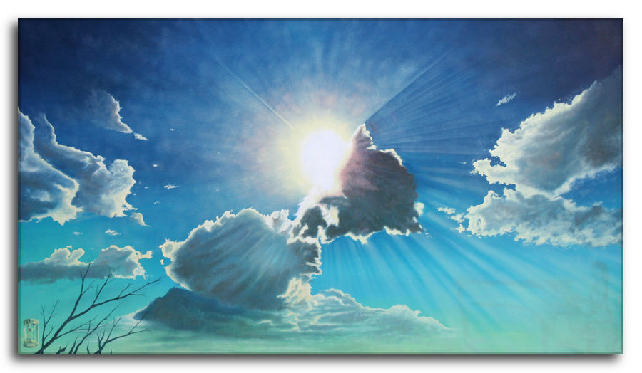 Dipinto a olio figurativo di Silvano Poggiani con titolo: Inno alla Vita. Inno alla Vita. Dipinto a olio figurativo di Silvano Poggiani raffigurante un cielo con nuvole bianche e raggi di sole che emergono da dietro.