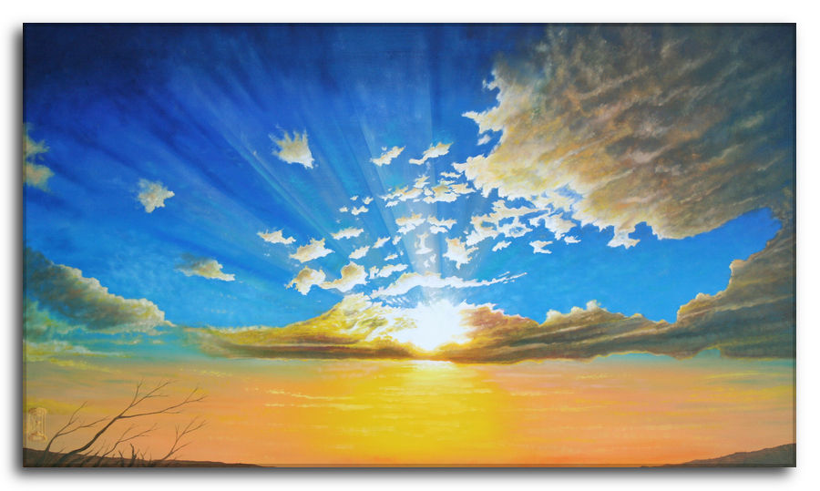 Dipinto a olio figurativo di Silvano Poggiani con titolo: Silenzi da ascoltare. Silenzi da ascoltare. Dipinto a olio figurativo di Silvano Poggiani raffigurante un tramonto con sole nascosto dietro le nuvole, cielo blu e arancione, raggi di luce e rami secchi in basso a sinistra