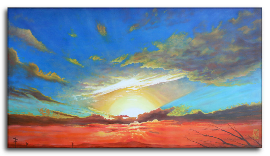 Dipinto a olio figurativo di Silvano Poggiani con titolo: D'un tratto rapito. Dipinto a olio figurativo di Silvano Poggiani raffigurante un cielo al tramonto, sole con raggi luminosi, nuvole, rami secchi, titolo opera d'arte: d'un tratto rapito