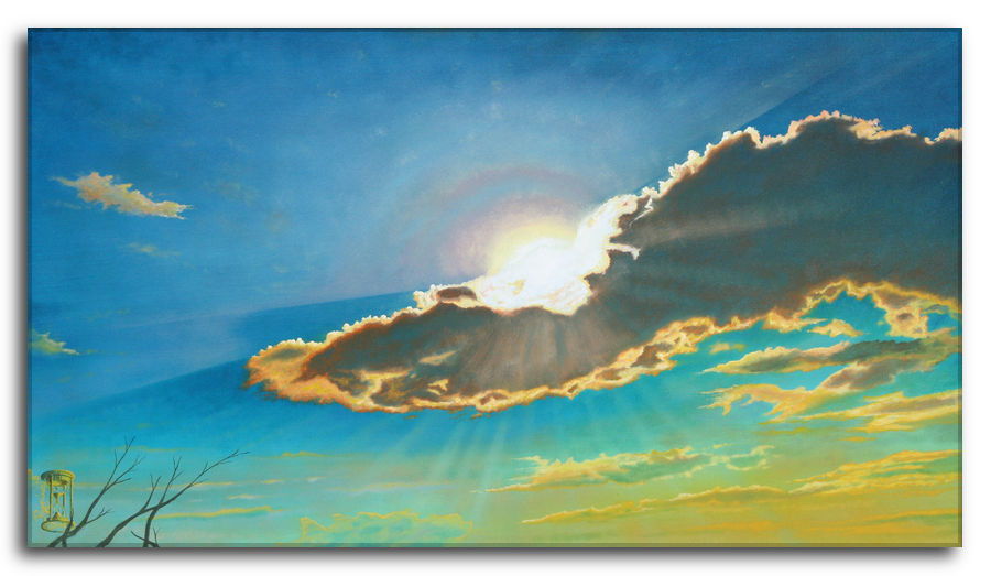 Dipinto a olio figurativo di Silvano Poggiani con titolo: Momenti di pace. Momenti di pace. Dipinto a olio figurativo di Silvano Poggiani raffigurante un tramonto con cielo colorato e rami secchi.