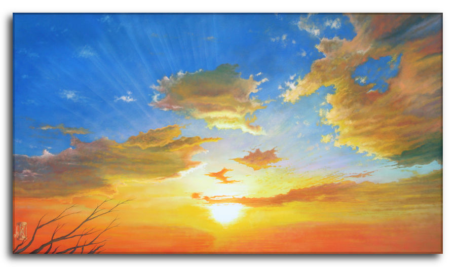 Dipinto a olio figurativo di Silvano Poggiani con titolo: Immergersi in un sogno. Immergersi in un sogno. Dipinto a olio figurativo di Silvano Poggiani raffigurante un tramonto con cielo colorato e nuvole, rami secchi in basso a sinistra.