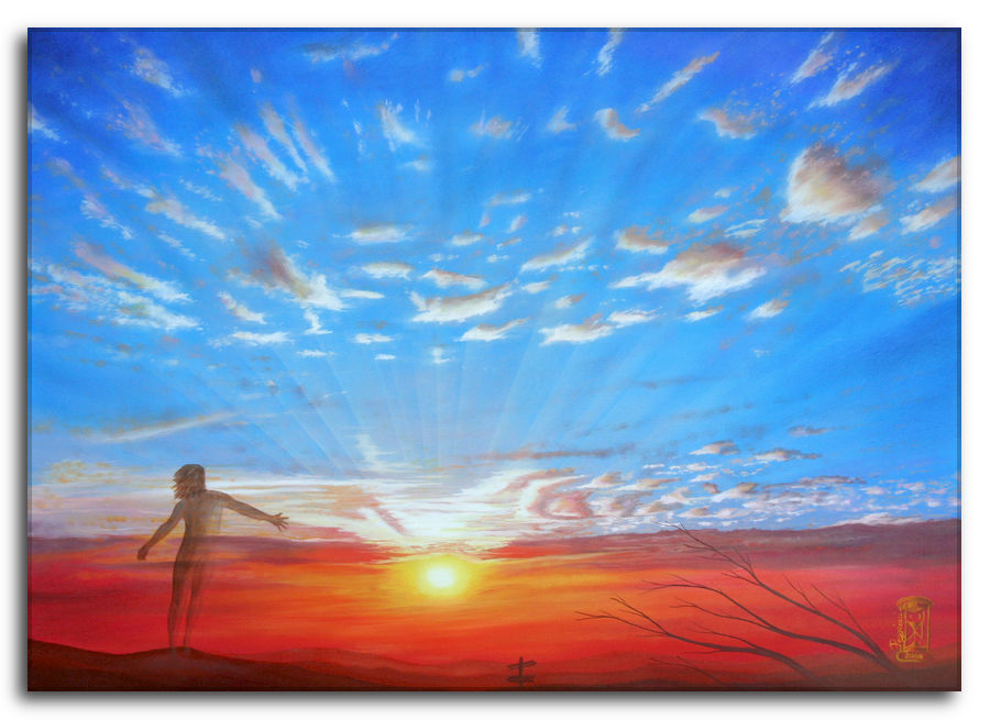 Voglia di leggerezza - Quadro ad olio - Silvano Poggiani. Quadro ad olio - Silvano Poggiani - Silhouette di una persona con le braccia aperte al tramonto, cielo drammatico con nuvole colorate di arancione e blu.