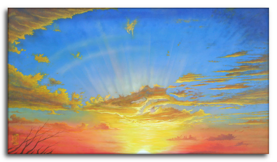 Dipinto a olio figurativo di Silvano Poggiani con titolo: Oltre i confini. Il risveglio dei sensi. Dipinto a olio figurativo di Silvano Poggiani raffigurante un drammatico tramonto con cielo dai colori vivaci: raggi solari che si irradiano attraverso nuvole dorate e arancioni su uno sfondo blu intenso.