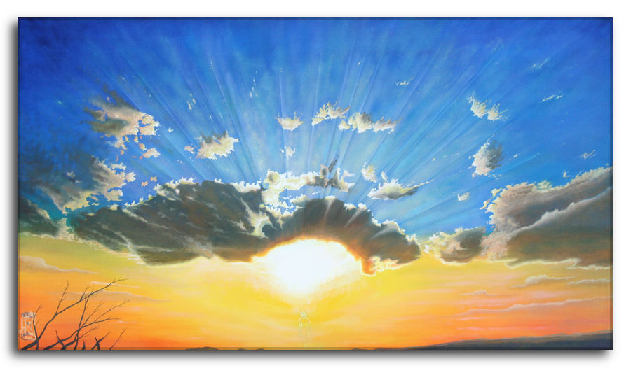 Dipinto a olio figurativo di Silvano Poggiani con titolo: Oltre i confini Dipinto a olio figurativo di Silvano Poggiani raffigurante un'alba radiosa con raggi che filtrano attraverso nuvole scure su un cielo azzurro intenso, orizzonte tinto di arancione e giallo, con sagome di rami secchi in primo piano. titolo opera d'arte: oltre i confini