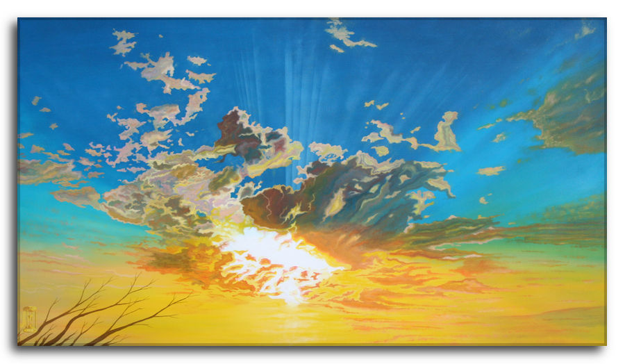 Dipinto a olio figurativo di Silvano Poggiani con titolo: Un'oasi di lealtà. Dipinto a olio figurativo di Silvano Poggiani raffigurante un tramonto maestoso con cielo blu brillante e nuvole dai toni dorati e marroni, raggi solari che si irradiano dal sole nascosto, e silhouette di rami secchi nell'angolo inferiore.