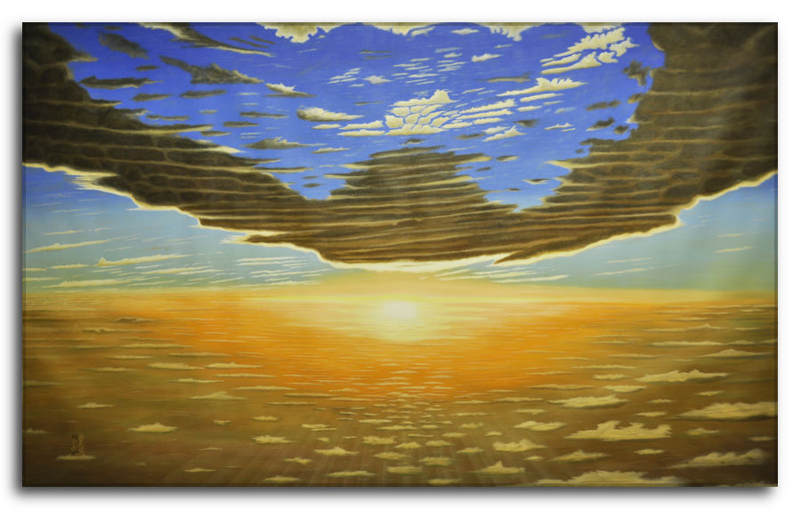 Dipinto a olio figurativo di Silvano Poggiani con titolo: Sulle ali dell’infinito. Sulle ali dell'infinito. Dipinto a olio figurativo di Silvano Poggiani raffigurante un tramonto drammatico con grandi nuvole scure che si stagliano contro un cielo blu e arancione.