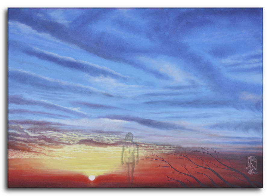 Dipinto a olio figurativo di Silvano Poggiani con titolo: I diritti del corpo. I diritti del corpo. Dipinto a olio figurativo di Silvano Poggiani raffigurante un paesaggio al tramonto con silhouette trasparente di una figura solitaria e rami spogli contro un cielo dai colori intensi blu e arancioni.