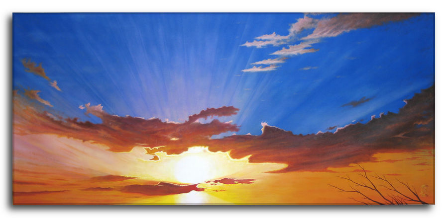 Dipinto a olio figurativo di Silvano Poggiani con titolo: Il dono d'un sorriso. Il dono d'un sorriso. Dipinto a olio figurativo di Silvano Poggiani raffigurante un drammatico tramonto panoramico con raggi solari che attraversano nuvole rossastre su uno sfondo di cielo blu intenso