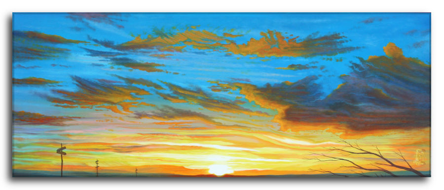 Dipinto a olio figurativo di Silvano Poggiani con titolo: Assenza di limiti. Quadro ad olio su tela. Assenza di limiti: Panorama al tramonto con pali elettrici in silhouette e cielo variopinto di blu e arancio con nuvole spettacolari.