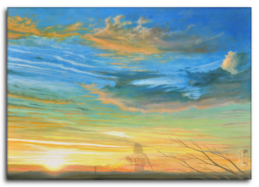 Quadro ad olio: Amare di Mattina di Silvano Poggiani Quadro ad olio: Amare di Mattina di Silvano Poggiani. Dipinto di un tramonto con cielo dai colori vibranti in sfumature di blu, arancione e giallo, con silhouette di rami spogli e una figura trasparente sullo sfondo.