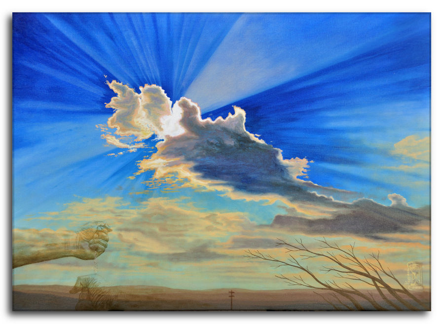 Questione di tempo - Quadro ad olio su tela di Silvano Poggiani Questione di tempo. Dipinto a olio figurativo di Silvano Poggiani raffigurante un paesaggio al tramonto con raggi solari che filtrano attraverso le nuvole in un cielo blu brillante, con alberi spogli che si piegano al vento in primo piano.