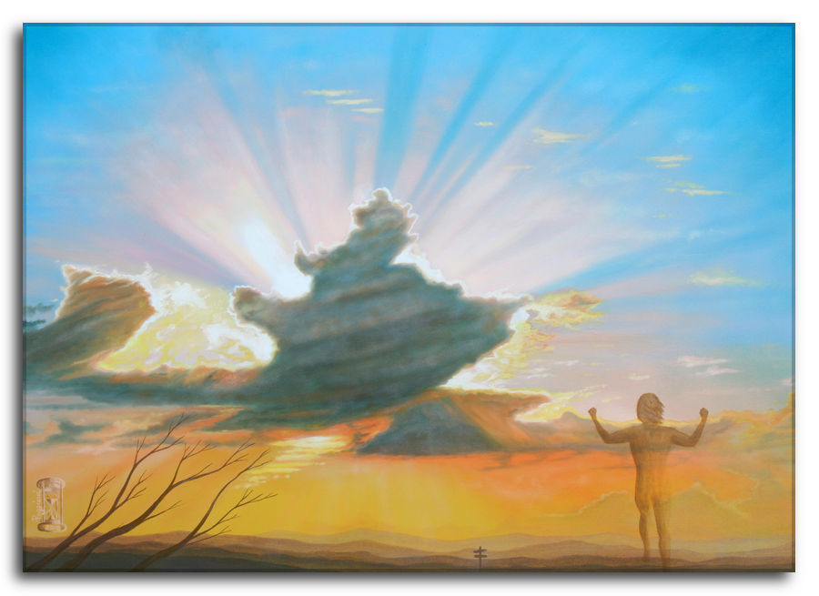 Quadro ad olio. Forza Edificante di Silvano Poggiani Dipinto a olio figurativo di Silvano Poggiani raffigurante una figura in silhouette con braccia alzate verso un drammatico tramonto con raggi di sole che filtrano attraverso le nuvole e un albero spoglio in primo piano