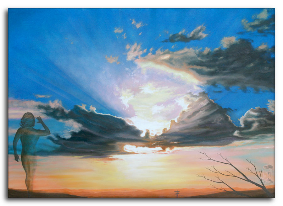 Quadro a olio di Silvano Poggiani. L'eco del proprio grido: Tramonto surreale con figura eterea Dipinto ad olio figurativo di Silvano Poggiani raffigurante un tramonto drammatico con nuvole illuminate e una figura trasparente che guarda verso il cielo. In primo piano un albero spoglio e un segnale indicatore all'orizzonte.