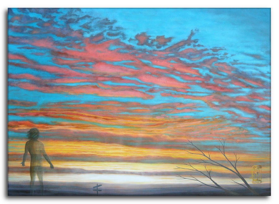 Dipinto a olio figurativo di Silvano Poggiani. Sconfinati piaceri. Sconfinati piaceri. Dipinto a olio figurativo di Silvano Poggiani raffigurante una silhouette di una persona che osserva un tramonto con cielo drammatico dai colori vivaci in sfumature di arancione, rosa e azzurro. In primo piano un albero spoglio e un piccolo cartello indicatore.